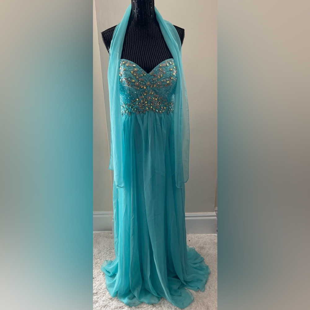 May Queen Tiffany Blue Embellished Strapless Gown Size 12
